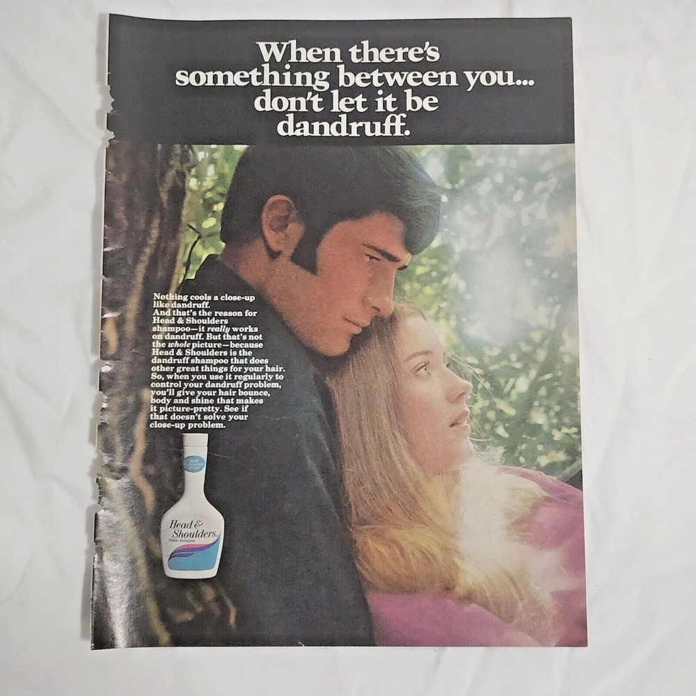 Vintage 1971 Head & Shoulders Print Ad Dandruff Shampoo Couple Clipping 8x11